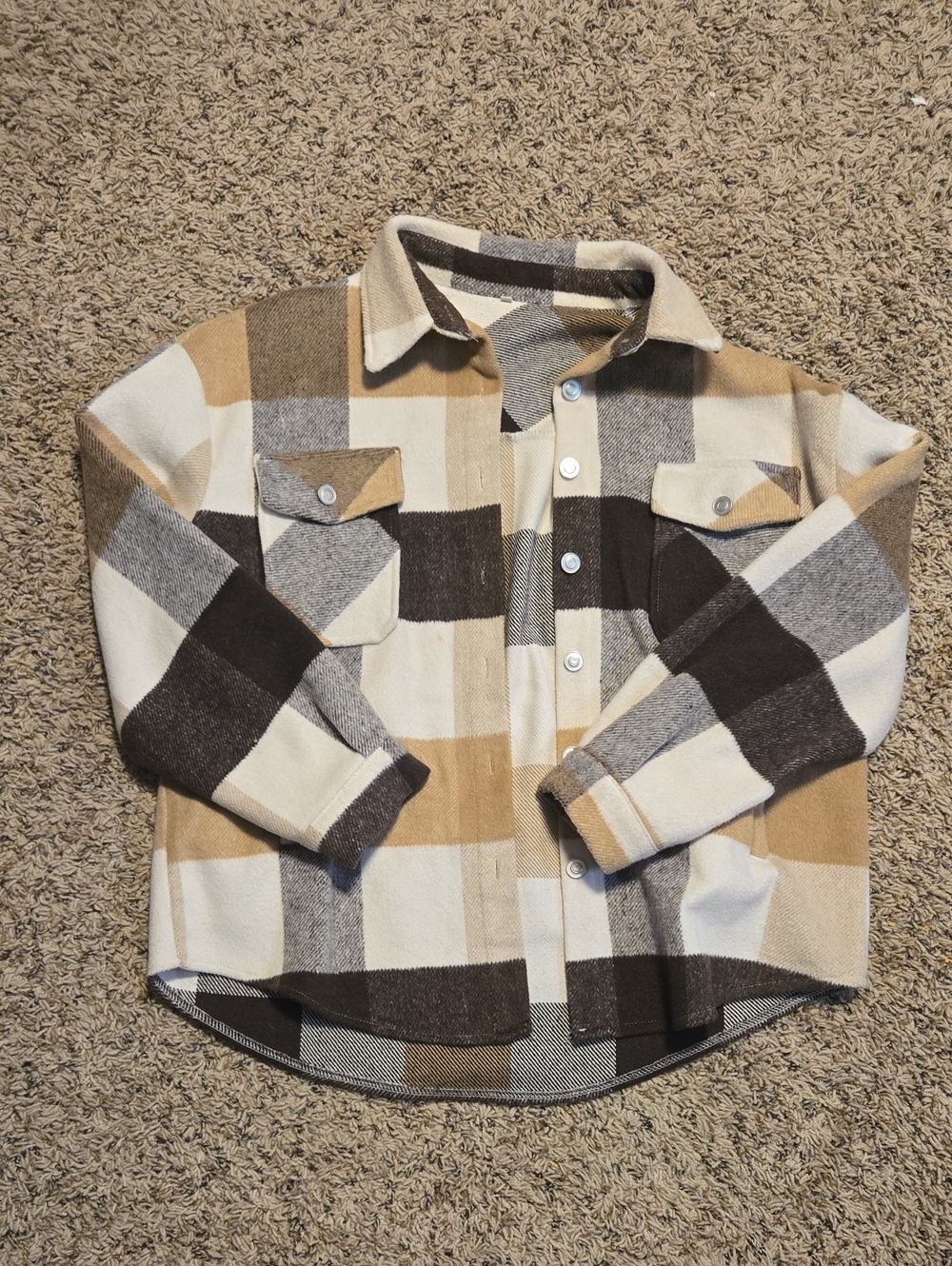 Button-Front Shirt Jacket - Tan, Cream & Brown